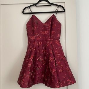 Short Red Cocktail Dress with Jacquard Floral Design